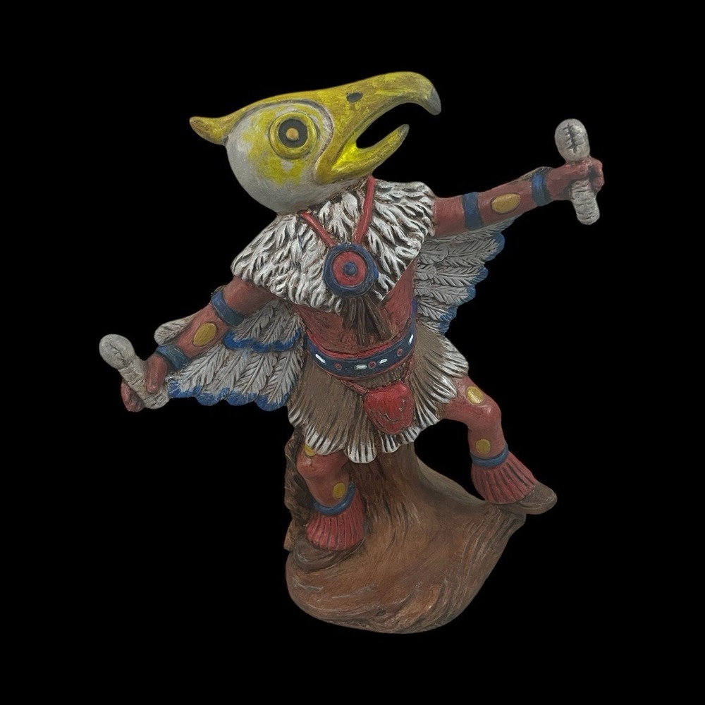 Vintage 1995 Signed FLV Hopi Eagle Dancer Kachina Figurine Ceramic Statue 9.5"